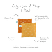 Load image into Gallery viewer, Infographic of Bumkins Large Snack Bag 2 Pack: Bumkins signature waterproof fabric, zipper closure, machine washable and dishwasher-safe.