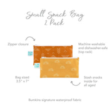 Load image into Gallery viewer, Infographic of Bumkins Small Snack Bag 2 Pack: Bumkins signature waterproof fabric, zipper closure, machine washable and dishwasher-safe.