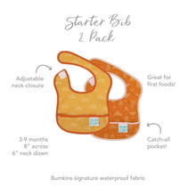 Load image into Gallery viewer, Infographic of Bumkins Starter Bib 2 Pack: Bumkins signature waterproof fabric, adjustable neck closure, catch-all pocket, 3-9 months.