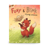 Cover of Foxy & Blink Flying Lesson Hardcover Book with an owl and fox illustration.