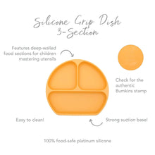 Load image into Gallery viewer, Infographic of Bumkins Silicone Grip Dish: 100% food-safe platinum silicone, strong suction base, deep-walled food sections, easy to clean.