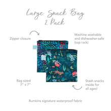 Load image into Gallery viewer, Infographic of Bumkins Large Snack Bag 2 Pack: Bumkins signature waterproof fabric, zipper closure, machine washable and dishwasher-safe.