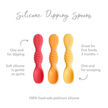 Load image into Gallery viewer, Infographic of Bumkins Silicone Dipping Spoons: 100% food-safe platinum silicone, one end for dipping, one end for scooping, 3 months+.