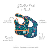 Load image into Gallery viewer, Infographic of Bumkins Starter Bib 2 Pack: Bumkins signature waterproof fabric, adjustable neck closure, catch-all pocket, 3-9 months.