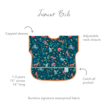 Load image into Gallery viewer, Infographic of Bumkins Junior Bib: Bumkins signature waterproof fabric, capped sleeves, adjustable neck closure, catch-all pocket, 1-3 years.