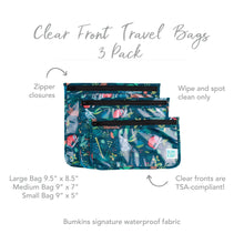 Load image into Gallery viewer, Infographic of Bumkins Clear Travel Bag 3-Pack: Bumkins signature waterproof fabric, clear fronts are TSA-compliant, zipper closures.