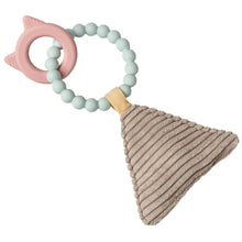 Load image into Gallery viewer, Mary Meyers Simply Silicone Soft Squeaker, Kitty is a safe teething toy with pink cat ears, mint beads, and a beige triangle.