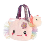Aurora's Rainbow Axolotl Purse: plush pink bag with rainbow frills, flower detail, and attached axolotl plush.