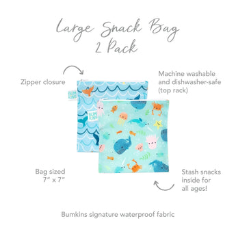 Infographic of Bumkins Large Snack Bag 2 Pack: Bumkins signature waterproof fabric, zipper closure, machine washable and dishwasher-safe.