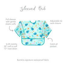 Load image into Gallery viewer, Infographic of Bumkins Sleeved Bib: Bumkins signature waterproof fabric, catch-all pocket, adjustable tie neck closure, 6-24 months.