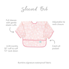 Load image into Gallery viewer, Infographic of Bumkins Sleeved Bib: Bumkins signature waterproof fabric, catch-all pocket, adjustable tie neck closure, 6-24 months.