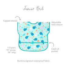 Load image into Gallery viewer, Infographic of Bumkins Junior Bib: Bumkins signature waterproof fabric, capped sleeves, adjustable neck closure, catch-all pocket, 1-3 years.