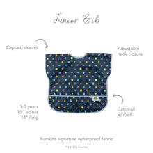 Load image into Gallery viewer, Infographic of Bumkins Junior Bib: Bumkins signature waterproof fabric, capped sleeves, adjustable neck closure, catch-all pocket, 1-3 years.