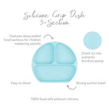 Load image into Gallery viewer, Infographic of Bumkins Silicone Grip Dish: 100% food-safe platinum silicone, strong suction base, deep-walled food sections, easy to clean.
