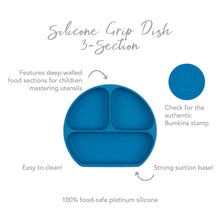 Load image into Gallery viewer, Infographic of Bumkins Silicone Grip Dish: 100% food-safe platinum silicone, strong suction base, deep-walled food sections, easy to clean.