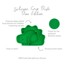 Load image into Gallery viewer, Infographic of Bumkins Silicone Grip Dish: 100% food-safe platinum silicone, strong suction base, deep-walled food sections, easy to clean.