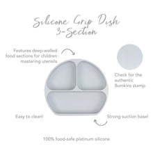 Load image into Gallery viewer, Infographic of Bumkins Silicone Grip Dish: 100% food-safe platinum silicone, strong suction base, deep-walled food sections, easy to clean.