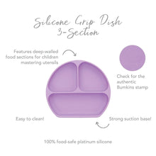 Load image into Gallery viewer, Infographic of Bumkins Silicone Grip Dish: 100% food-safe platinum silicone, strong suction base, deep-walled food sections, easy to clean.