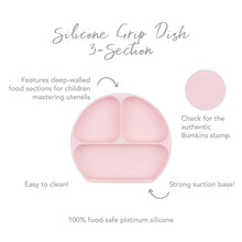 Load image into Gallery viewer, Infographic of Bumkins Silicone Grip Dish: 100% food-safe platinum silicone, strong suction base, deep-walled food sections, easy to clean.