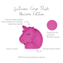 Load image into Gallery viewer, Infographic of Bumkins Silicone Grip Dish: 100% food-safe platinum silicone, strong suction base, deep-walled food sections, easy to clean.