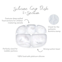 Load image into Gallery viewer, Infographic of Bumkins Silicone Grip Dish 5-Section: 100% food-safe platinum silicone, strong suction base, deep-walled food sections.