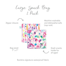 Load image into Gallery viewer, Infographic of Bumkins Large Snack Bag 2 Pack: Bumkins signature waterproof fabric, zipper closure, machine washable and dishwasher-safe.