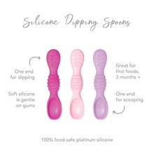 Load image into Gallery viewer, Infographic of Bumkins Silicone Dipping Spoons: 100% food-safe platinum silicone, one end for dipping, one end for scooping, 3 months+.