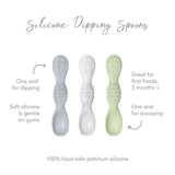 Infographic of Bumkins Silicone Dipping Spoons: 100% food-safe platinum silicone, one end for dipping, one end for scooping, 3 months+.