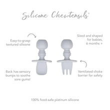 Load image into Gallery viewer, Infographic of Bumkins Silicone Chewtensils®: 100% food-safe platinum silicone, easy-to-grasp textured silicone, ventilated choke barrier.