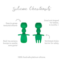 Load image into Gallery viewer, Infographic of Bumkins Silicone Chewtensils®: 100% food-safe platinum silicone, easy-to-grasp textured silicone, ventilated choke barrier.