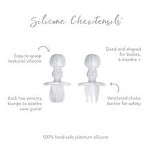 Load image into Gallery viewer, Infographic of Bumkins Silicone Chewtensils®: 100% food-safe platinum silicone, easy-to-grasp textured silicone, ventilated choke barrier.