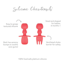 Load image into Gallery viewer, Infographic of Bumkins Silicone Chewtensils®: 100% food-safe platinum silicone, easy-to-grasp textured silicone, ventilated choke barrier.