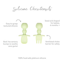 Load image into Gallery viewer, Infographic of Bumkins Silicone Chewtensils®: 100% food-safe platinum silicone, easy-to-grasp textured silicone, ventilated choke barrier.