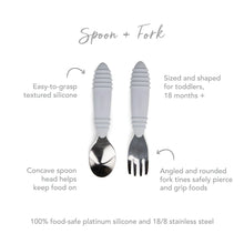 Load image into Gallery viewer, Infographic of Bumkins Spoon + Fork: 100% food-safe platinum silicone and 18/8 stainless steel, easy-to-grasp textured silicone, 18 months+.