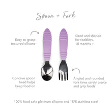 Load image into Gallery viewer, Infographic of Bumkins Spoon + Fork: 100% food-safe platinum silicone and 18/8 stainless steel, easy-to-grasp textured silicone, 18 months+.