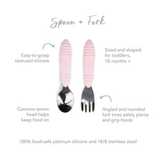 Load image into Gallery viewer, Infographic of Bumkins Spoon + Fork: 100% food-safe platinum silicone and 18/8 stainless steel, easy-to-grasp textured silicone, 18 months+.