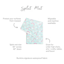 Load image into Gallery viewer, Infographic of Bumkins Splat Mat: Bumkins signature waterproof fabric, wipeable and machine washable, protect your surfaces from messes.