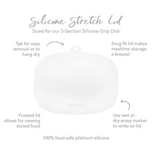 Load image into Gallery viewer, Infographic of Bumkins Silicone Stretch Lid: 100% food-safe platinum silicone, tab for easy removal, snug fit, allows for viewing stored food.