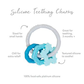 Infographic of Bumkins Silicone Teething Charms: 100% food-safe platinum silicone, sized for small hands, great for teething, 3 months+.