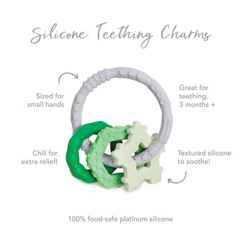 Infographic of Bumkins Silicone Teething Charms: 100% food-safe platinum silicone, sized for small hands, great for teething, 3 months+.