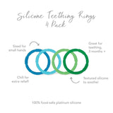 Infographic of Bumkins Silicone Teething Rings 4 Pack: 100% food-safe platinum silicone, sized for small hands, great for teething, 3 months+.