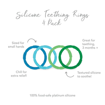 Infographic of Bumkins Silicone Teething Rings 4 Pack: 100% food-safe platinum silicone, sized for small hands, great for teething, 3 months+.