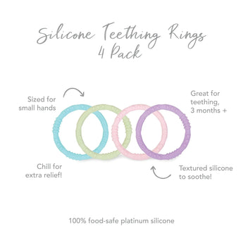Infographic of Bumkins Silicone Teething Rings 4 Pack: 100% food-safe platinum silicone, sized for small hands, great for teething, 3 months+.