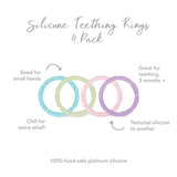 Infographic of Bumkins Silicone Teething Rings 4 Pack: 100% food-safe platinum silicone, sized for small hands, great for teething, 3 months+.