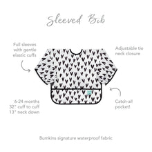 Load image into Gallery viewer, Infographic of Bumkins Sleeved Bib: Bumkins signature waterproof fabric, catch-all pocket, adjustable tie neck closure, 6-24 months.