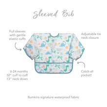 Load image into Gallery viewer, Infographic of Bumkins Sleeved Bib: Bumkins signature waterproof fabric, catch-all pocket, adjustable tie neck closure, 6-24 months.