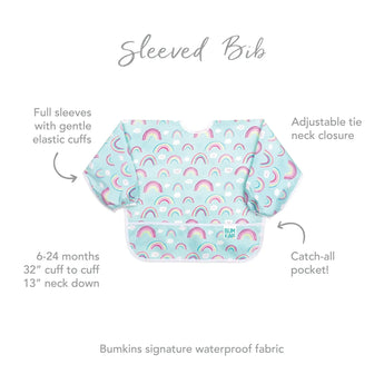 Infographic of Bumkins Sleeved Bib: Bumkins signature waterproof fabric, catch-all pocket, adjustable tie neck closure, 6-24 months.
