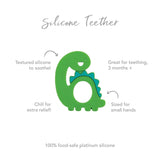 Infographic of Bumkins Silicone Teether: 100% food-safe platinum silicone, textured silicone to soothe, sized for small hands, 3 months+.