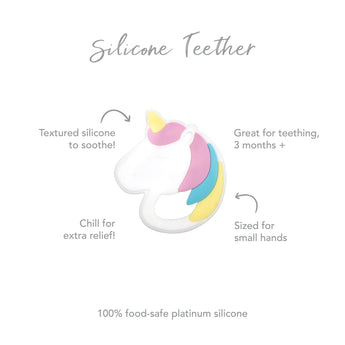 Infographic of Bumkins Silicone Teether: 100% food-safe platinum silicone, textured silicone to soothe, sized for small hands, 3 months+.