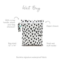 Load image into Gallery viewer, Infographic of Bumkins Wet Bag: Bumkins signature waterproof fabric, zipper closure, snap handle, stash wet stuff inside.